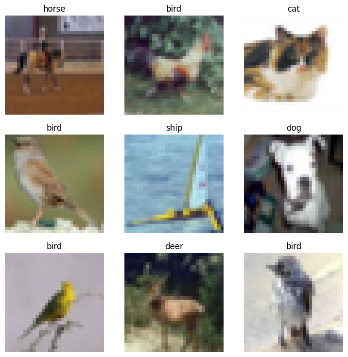 3x3 grid of CIFAR-10 images with labels: plane, car, bird, cat, deer, dog, frog, horse, ship, truck.